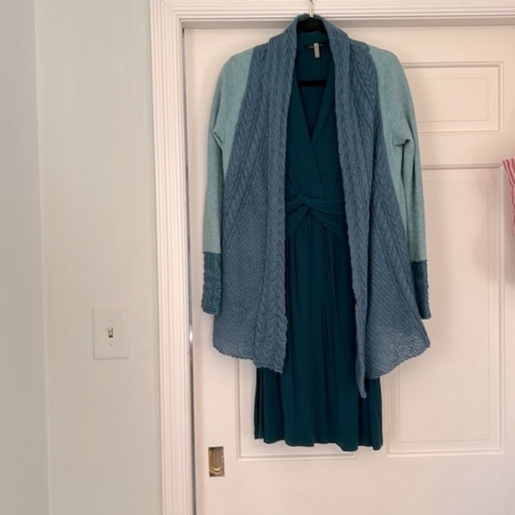 Anthropologie Mohair Open Cardigan Teal Blue Open Crochet Green Small Pockets - Picture 9 of 15